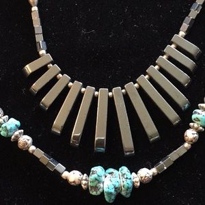 Necklace - sterling silver, turquoise, hematite.